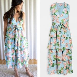 BANJANAN Eliza Dress Sky Blue Rose Floral Print Tiered Maxi